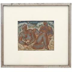 Impressionist Painting of Two Female Nude Bathers by H.J. Van Piggelen