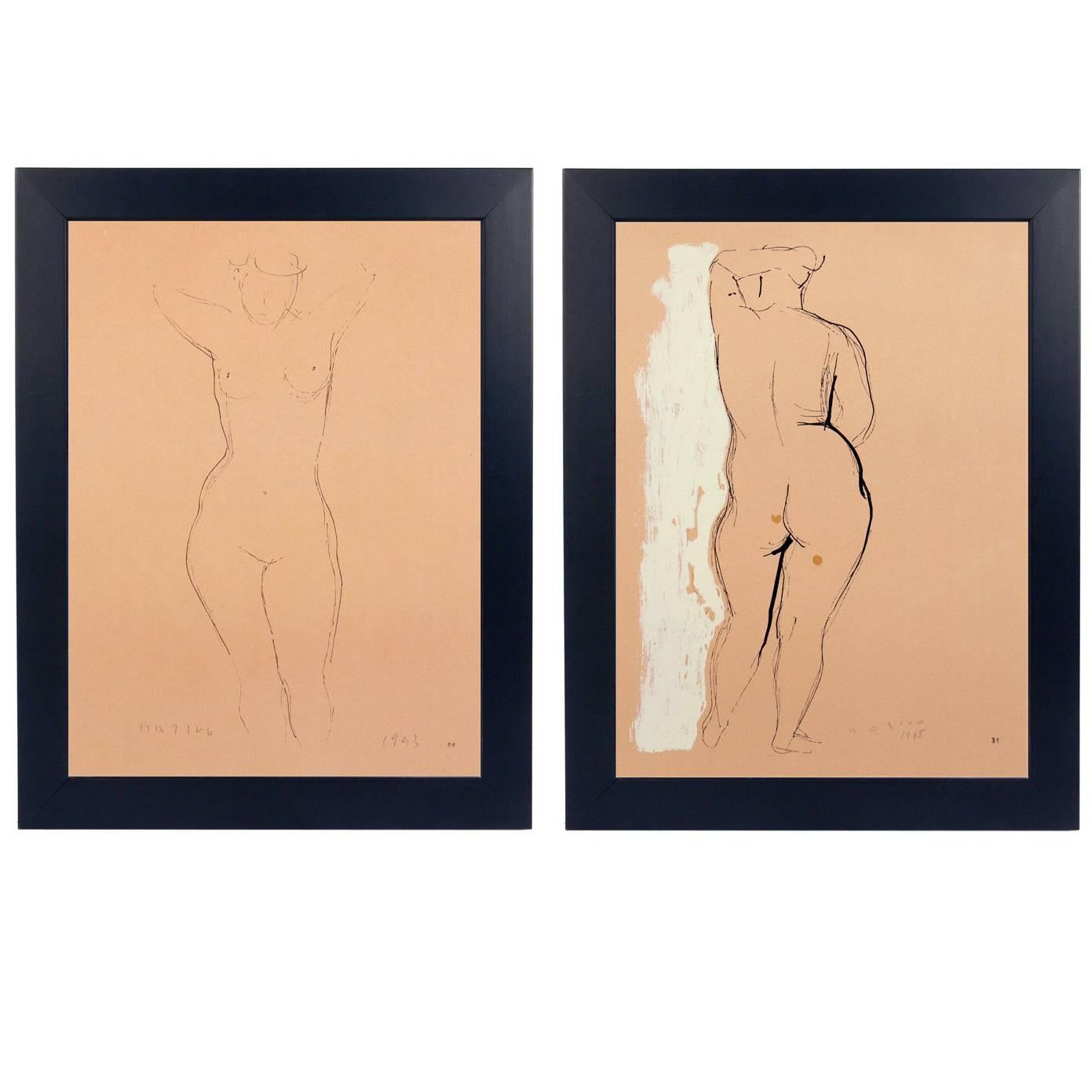 Paire de lithographies de nus féminins par Marino Marini