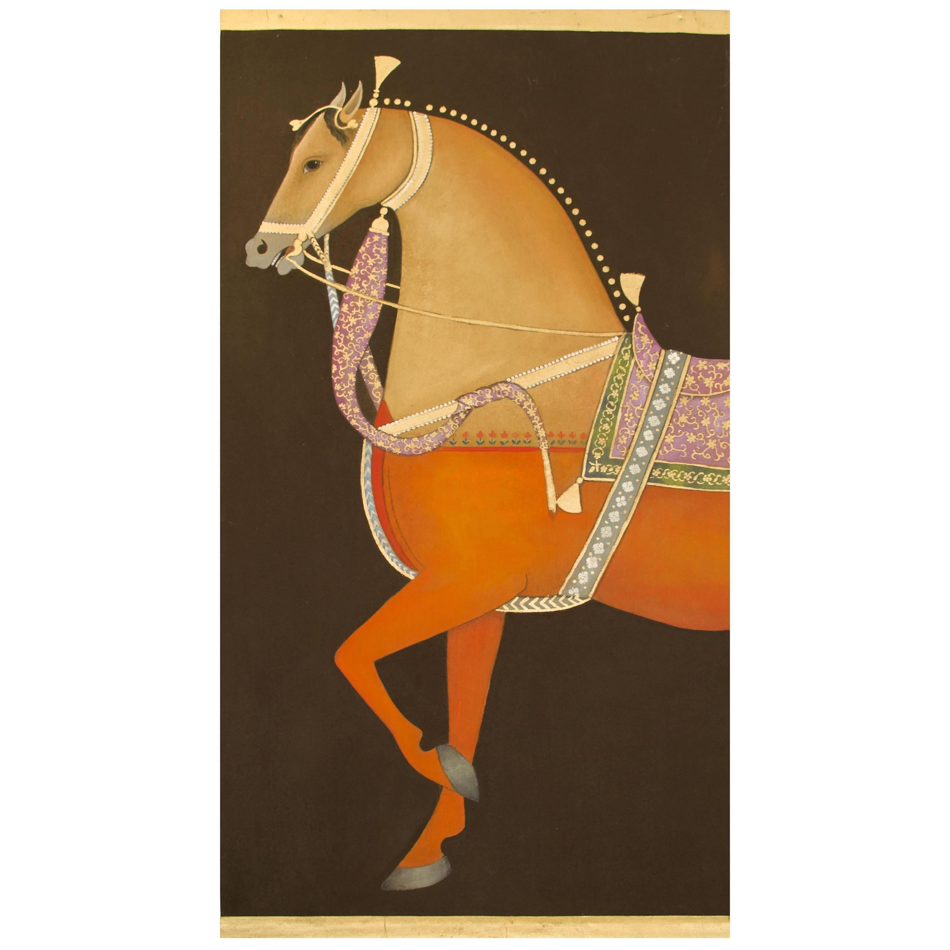 Equestrian Portrait Painted on Linen with Gold Leaf by French Artist