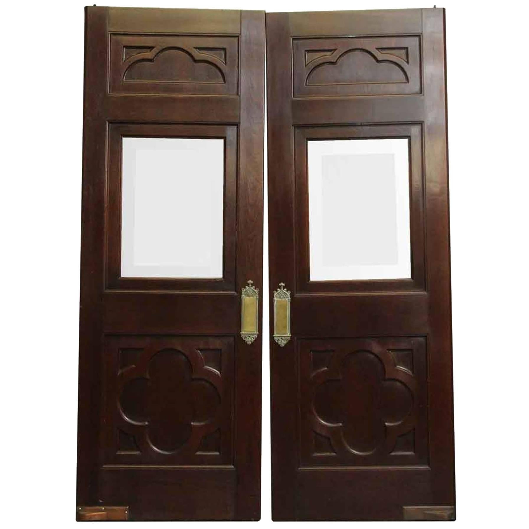 1910s Clover Burled Walnut and Beveled Glass Doors, Original Ornate Push Plates