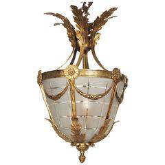 Vintage Bronze and Frosted Glass Lantern Form Chandelier