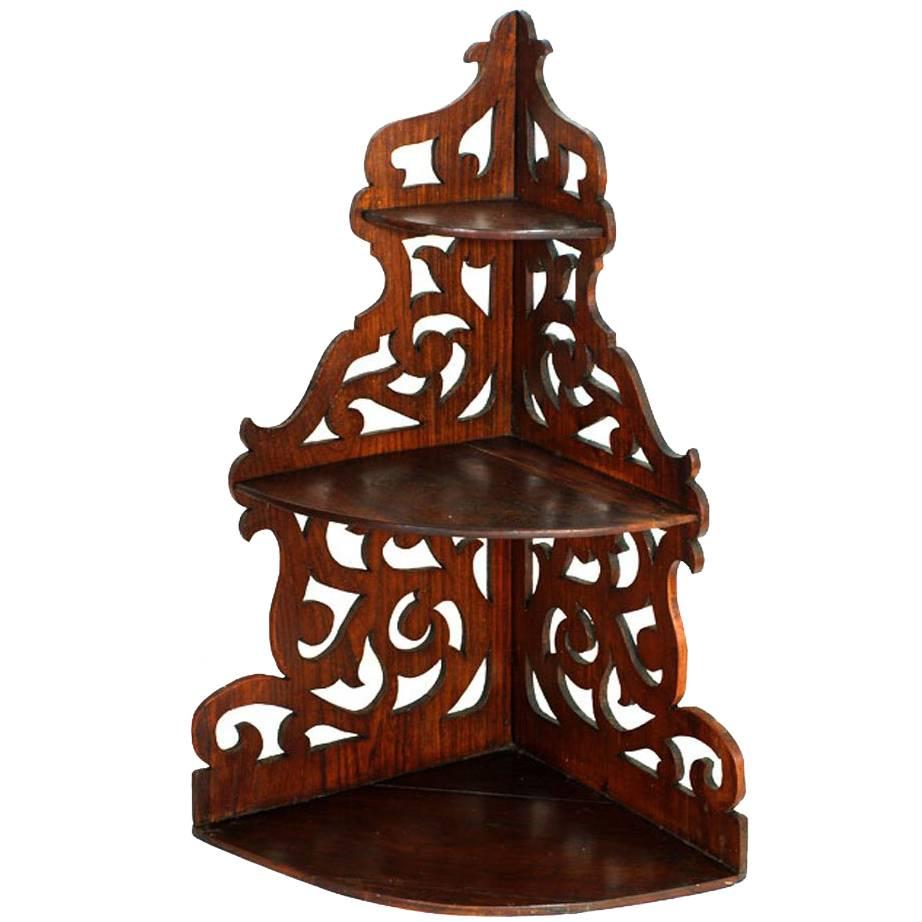 19th Century Corner Shelf, in Solid Walnut Hand-Carved, Restored Wax Finished