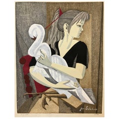 Jun’Ichirō Sekino Untitled “Girl and Swan” Woodblock Print, 1955