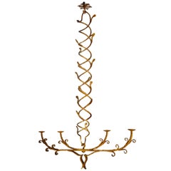 Italian Mid Century Art Nouveau Forged Wrought Iron and Gold Gilt Chandelier