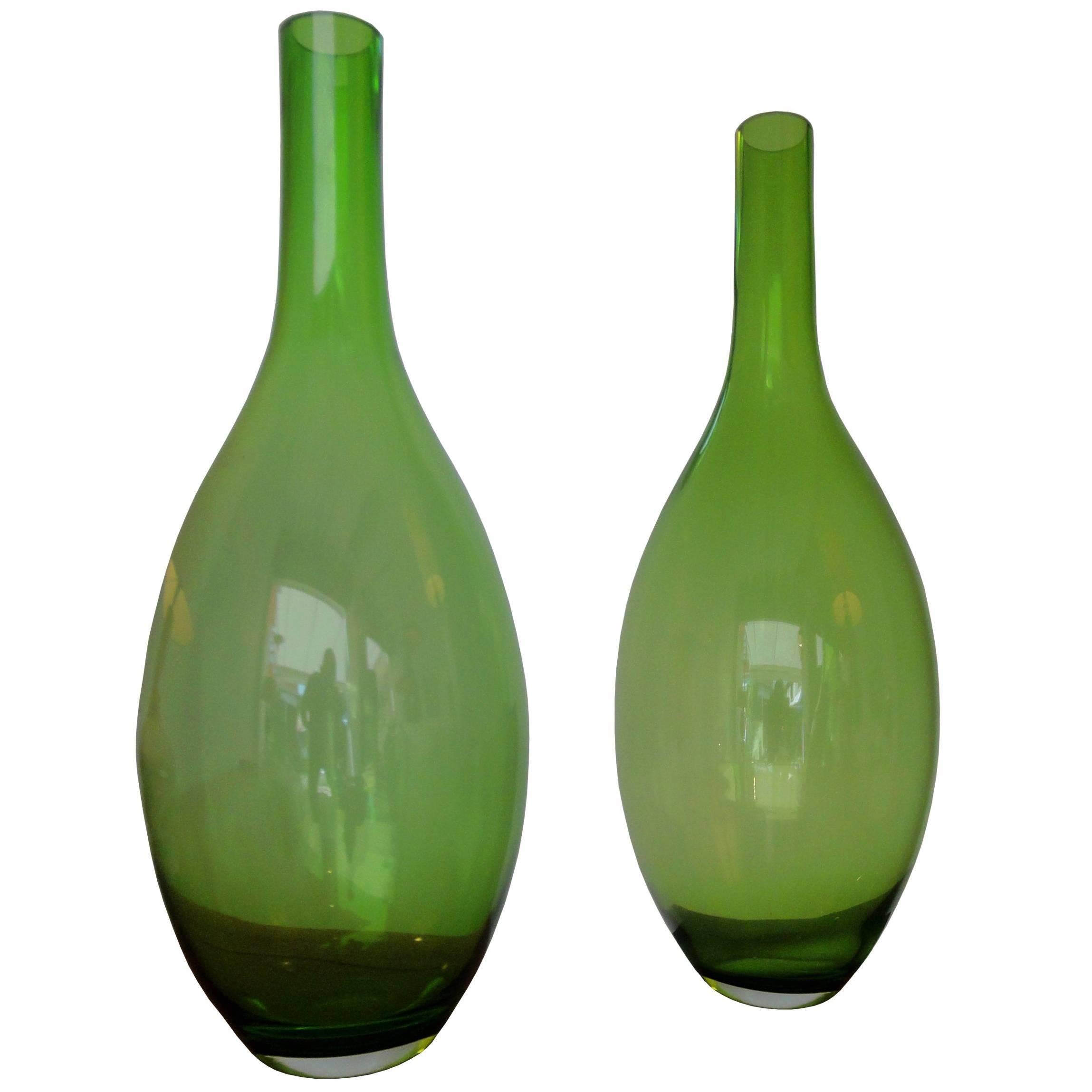 Pair of Large Green Glass Vases For Sale