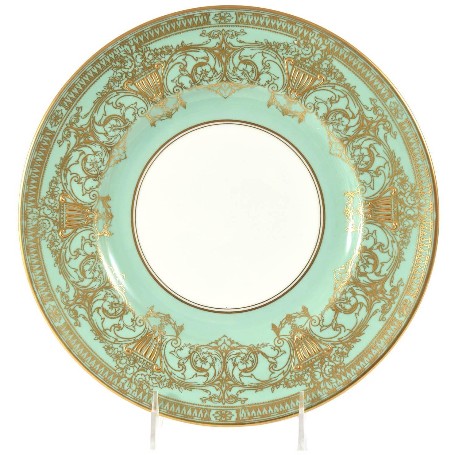 Set Ten Stunning Turquoise Elaborately Gilded Dinner/Presentation Plates For Sale