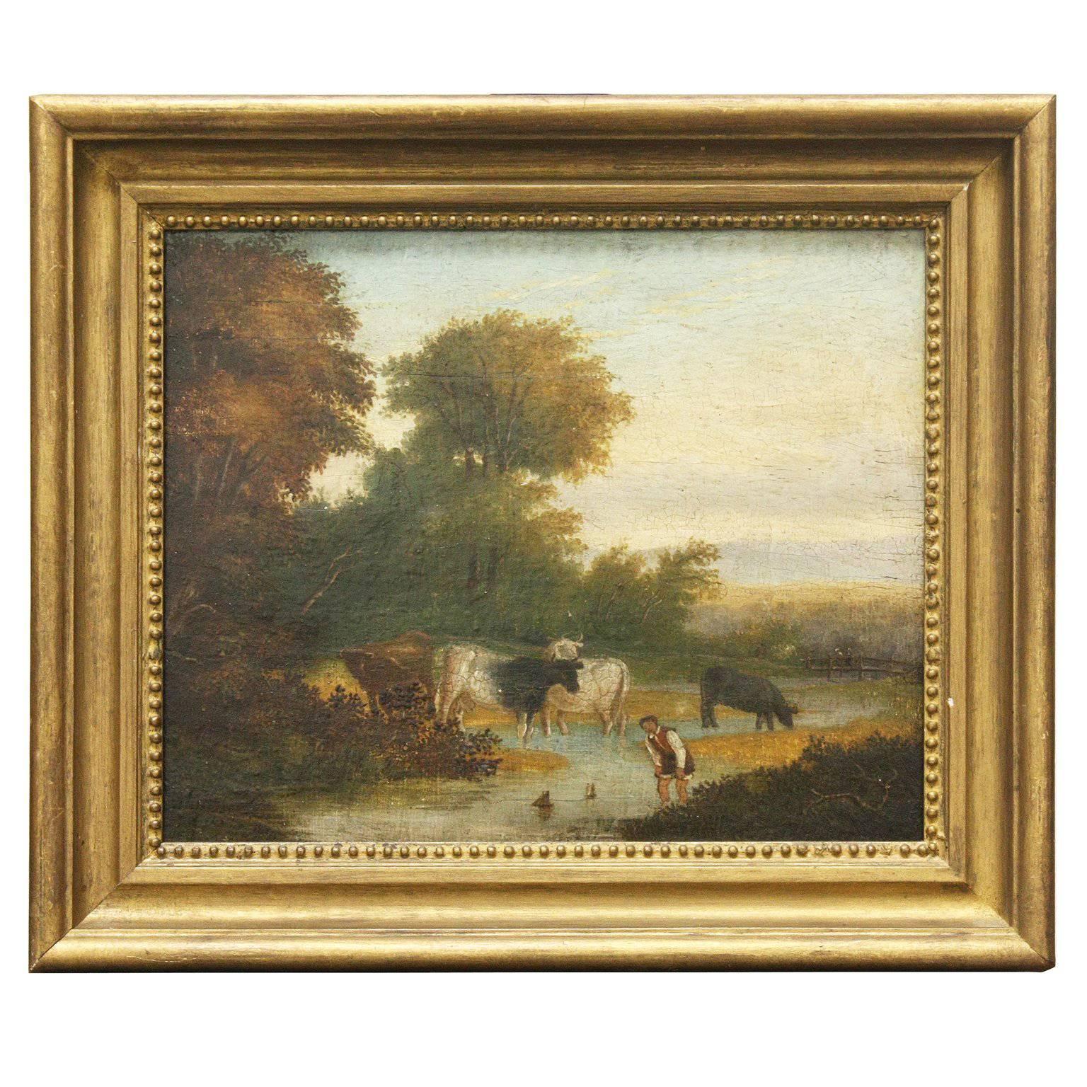 19th Century English Painting of Man with Cows Wading in a Stream