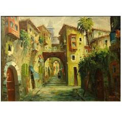 Large C.20th Signed Oil on Canvas by 
Aller
, Continental Street Scene