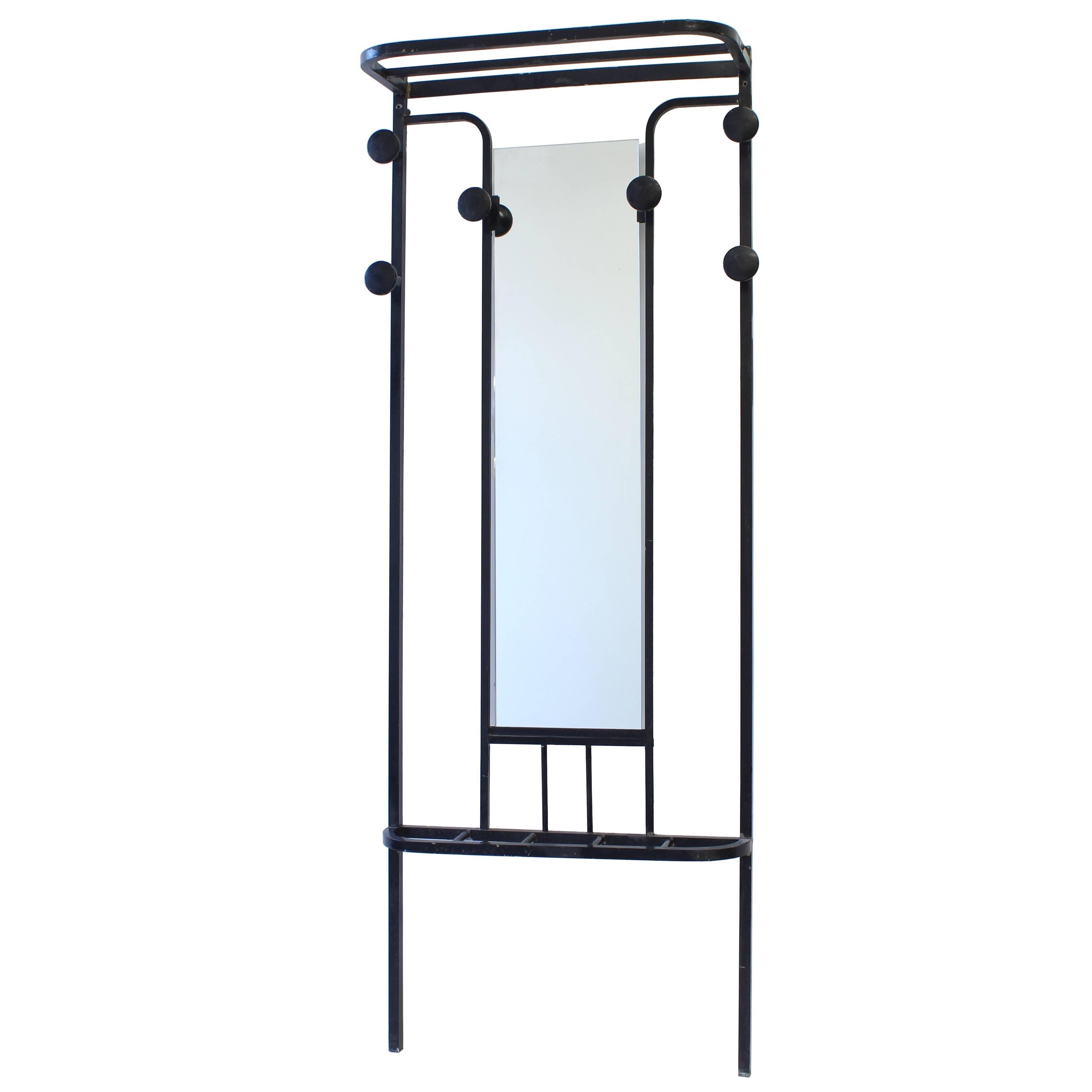 French Art Deco Coat Rack Black Metal with Center Mirror For Sale