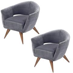 Gray Velvet Lounge Chairs with Splayed Wooden Legs, Italy, 1950s 4