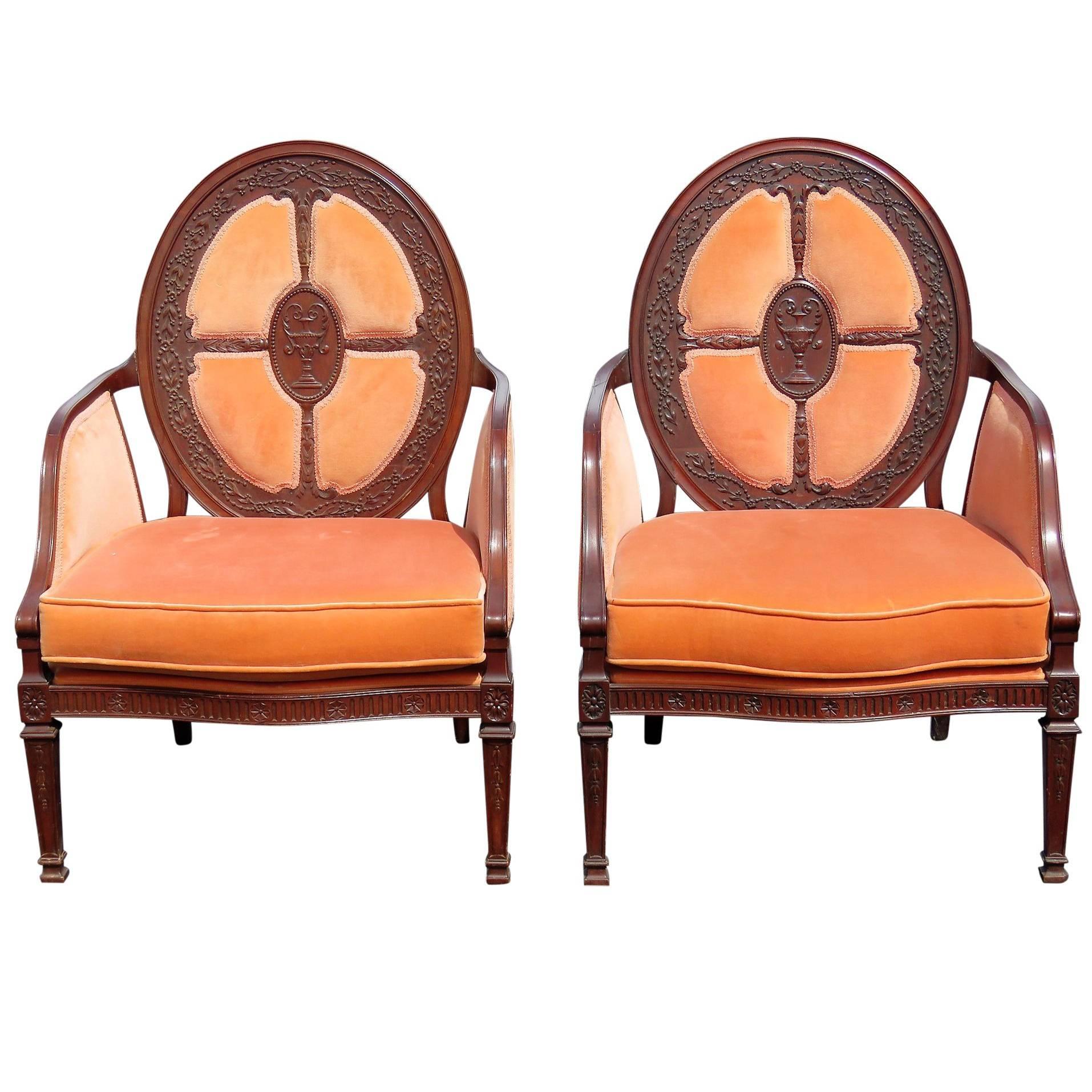 Fine Pair English Mahogany Adams Style Upholstered Back Dining Arm Chairs