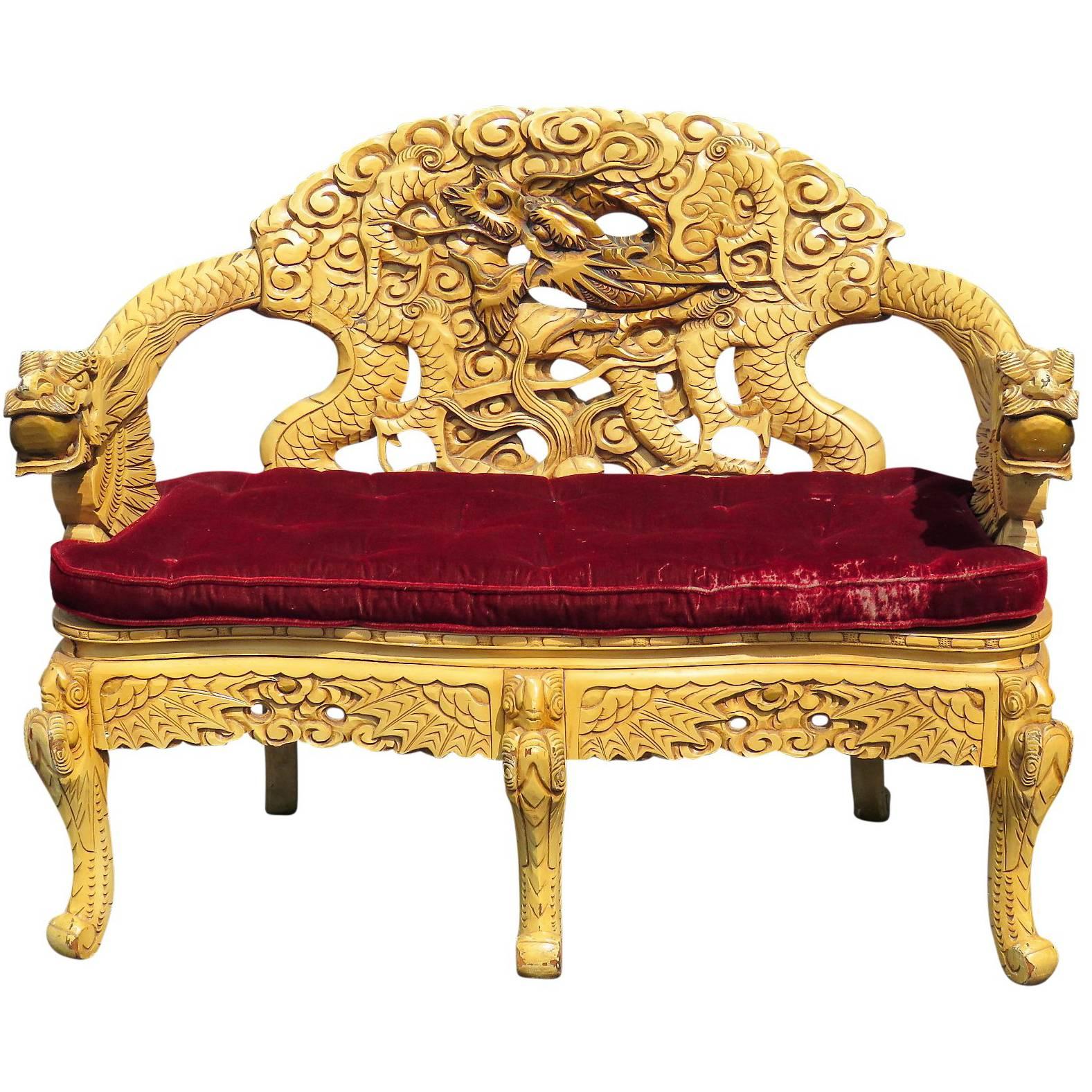 Dragon Carved Painted Chinese Asian Sofa Settee