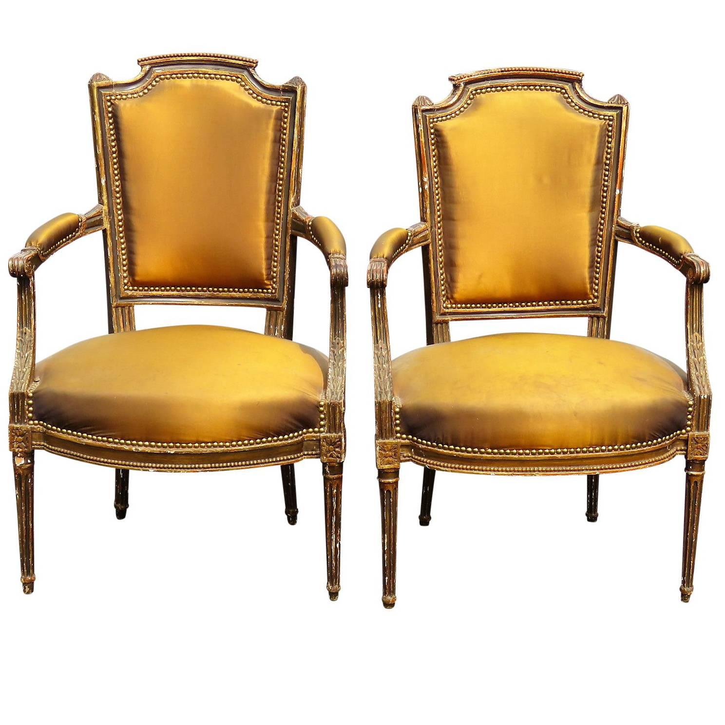 Pair of Louis XVI Style Distressed Painted Fauteuils