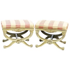Pair of Distressed Cream Painted Carved Upholstered Curule Stools