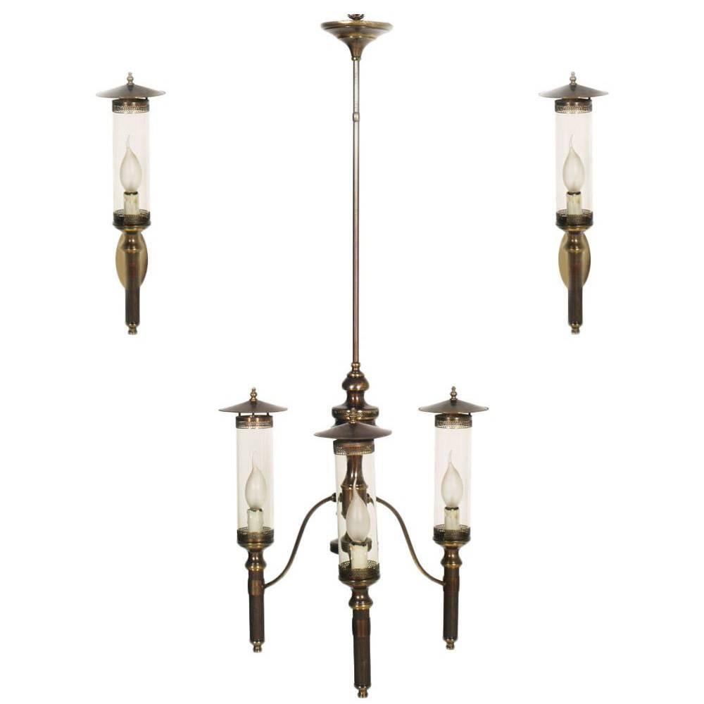 Art Deco Chandelier with Sconces, Burnished Brass, Overhauled Electrical System For Sale
