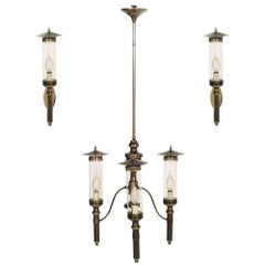 Art Deco Chandelier with Sconces, Burnished Brass, Overhauled Electrical System