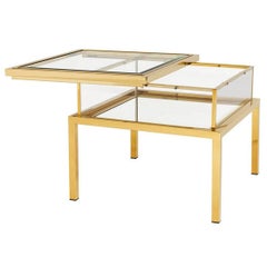 Slide Side Table in Gold Finish with Clear Glass and Mirror Glass Sliding Top