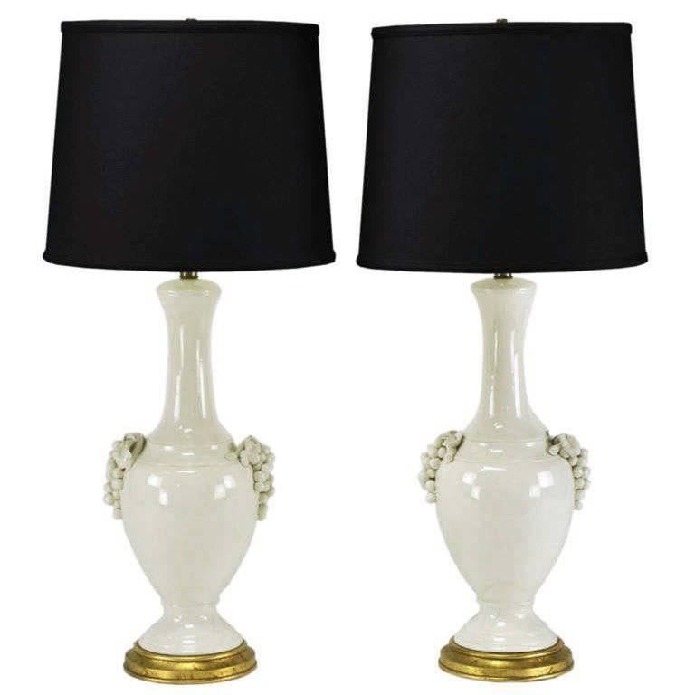 Pair of Fredrick Cooper White Glazed Ceramic Table Lamps with Grape Clusters For Sale