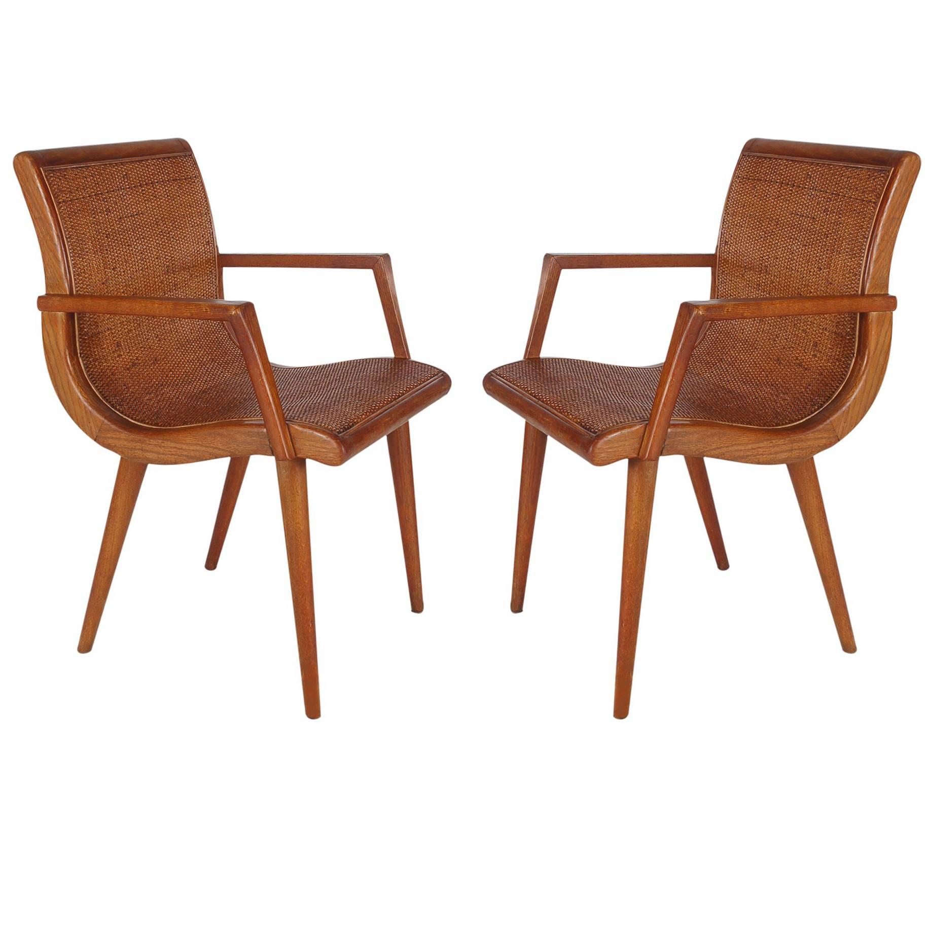 Mid-Century Modern Cane and Oak Danish Modern Style Armchairs