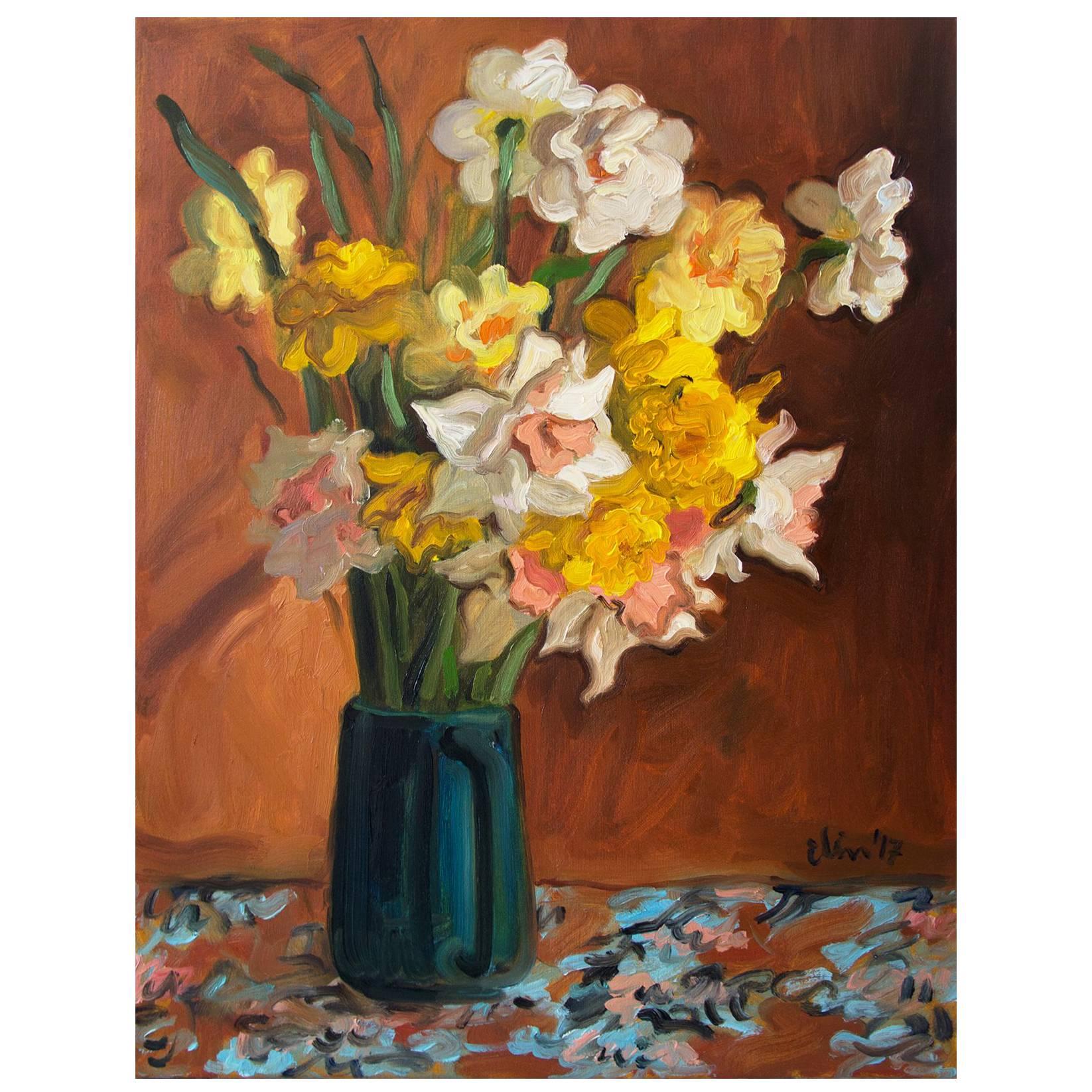 "Still Life with Four Species of Narcissus" Original Oil on Canvas Painting 2017 For Sale