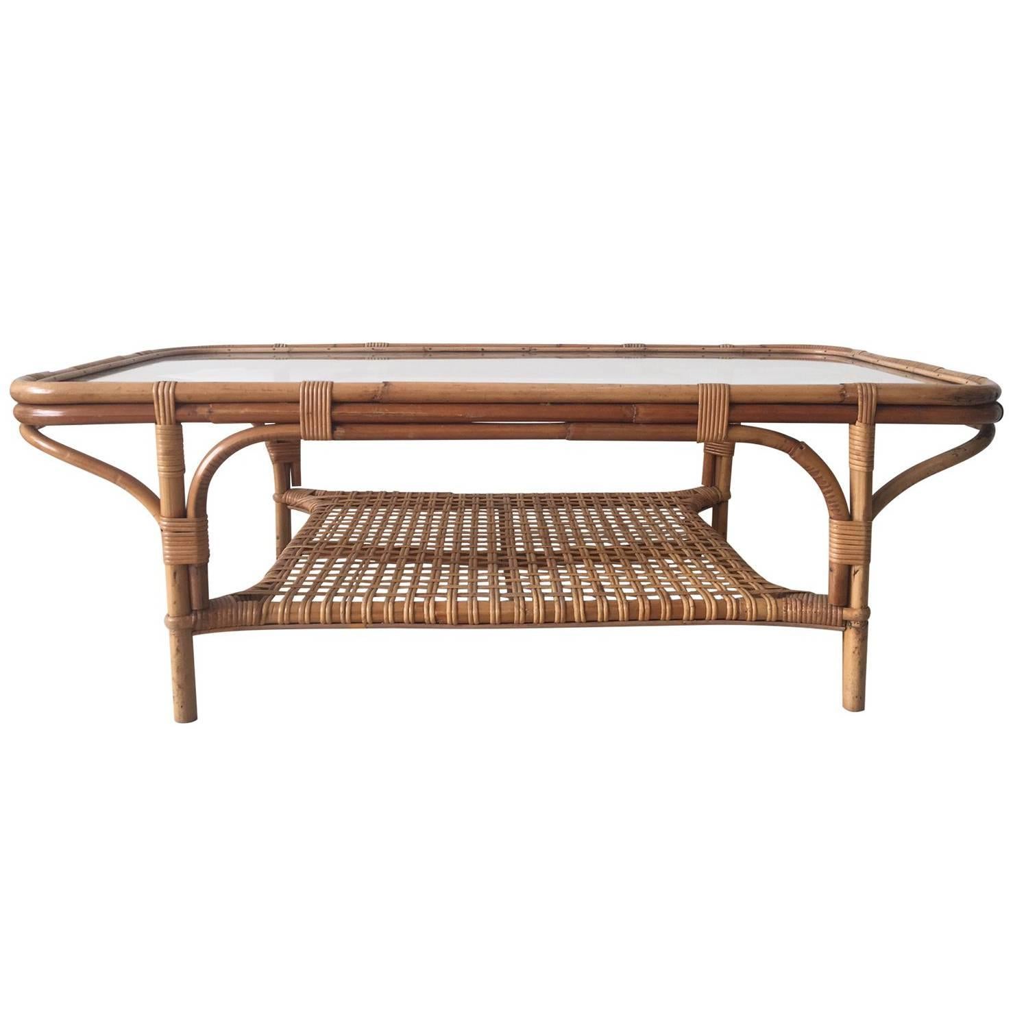 Rattan and Glass Rectangular Coffee Table, 1960s
