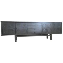 Ebonized Belgium Brutalist Sideboard with Four Graphical Doors, 1970s
