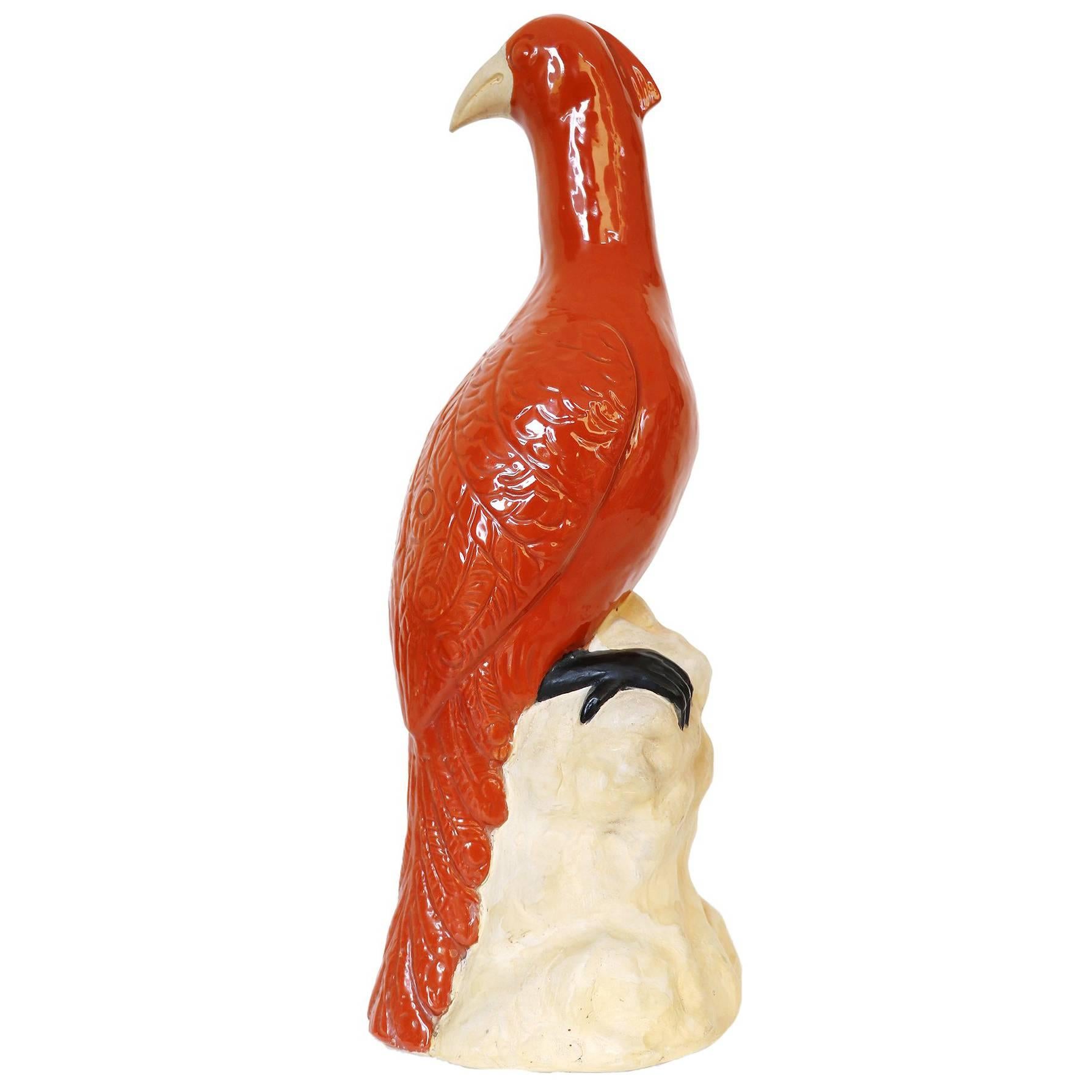 Grande figurine italienne vintage en poterie de majolique représentant un oiseau faune en vente