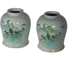 Pair of Hand-Painted Chinoiserie Jars