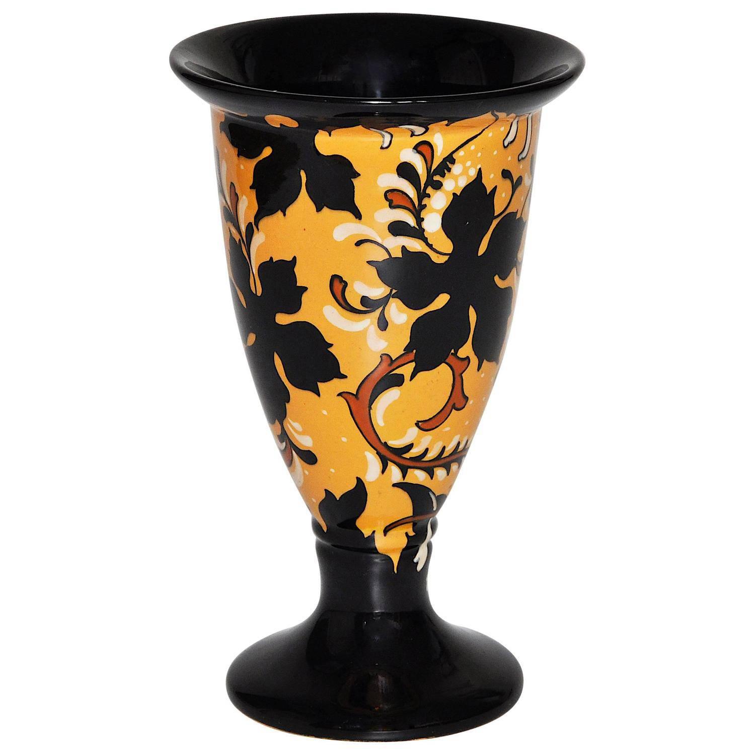 Yellow and Black Floral Dutch Gouda Art Nouveau Regina Pottery Ceramic Pot Vase For Sale