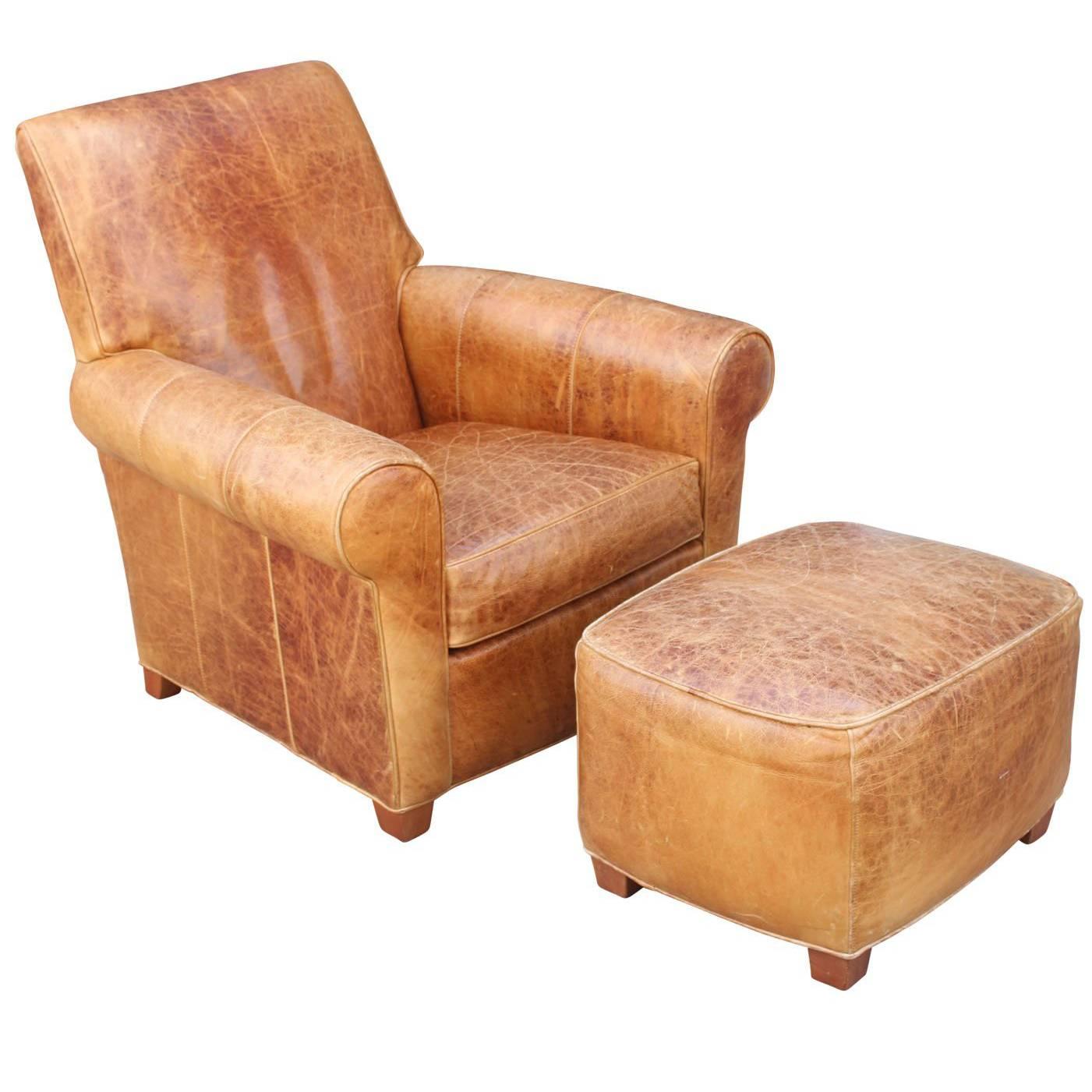 Modern French Art Deco Style Light Brown Leather Lounge Chair and Ottoman