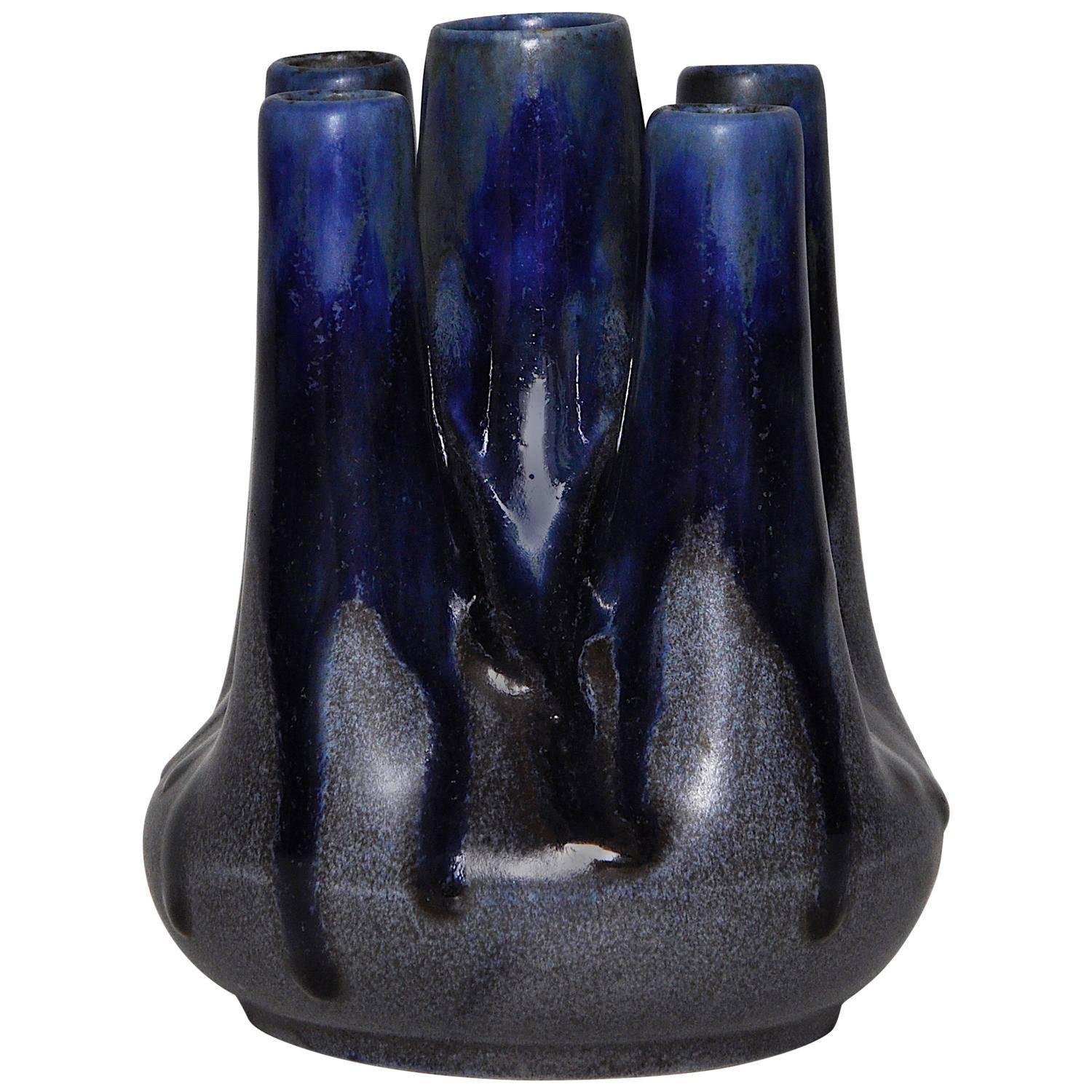 French Art Pottery Metenier Blue Ceramic Vase Pot