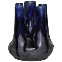 Antique French Art Pottery Metenier Blue Ceramic Vase Pot