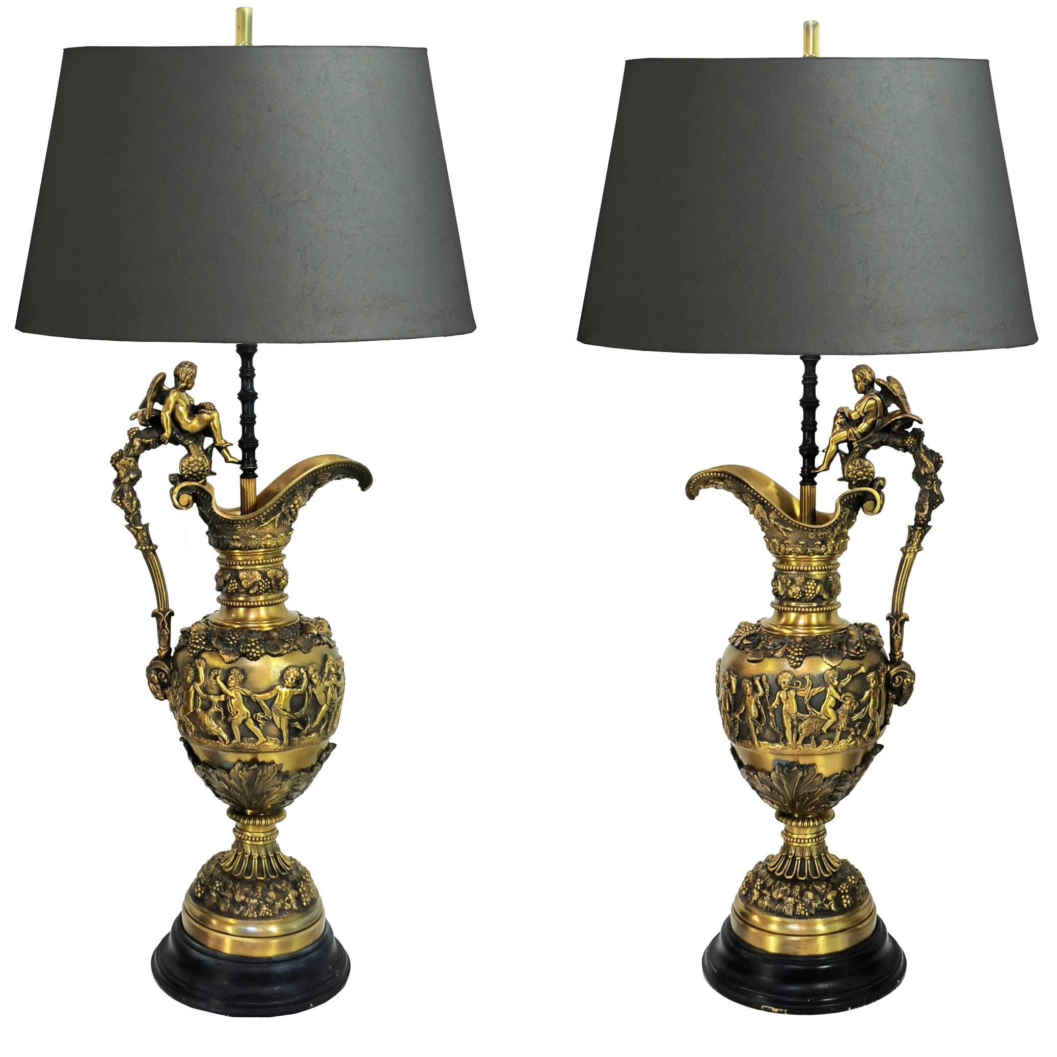 Pair of Figural Cherub & Rams Head French Neoclassical Bronze Ewer Table Lamps