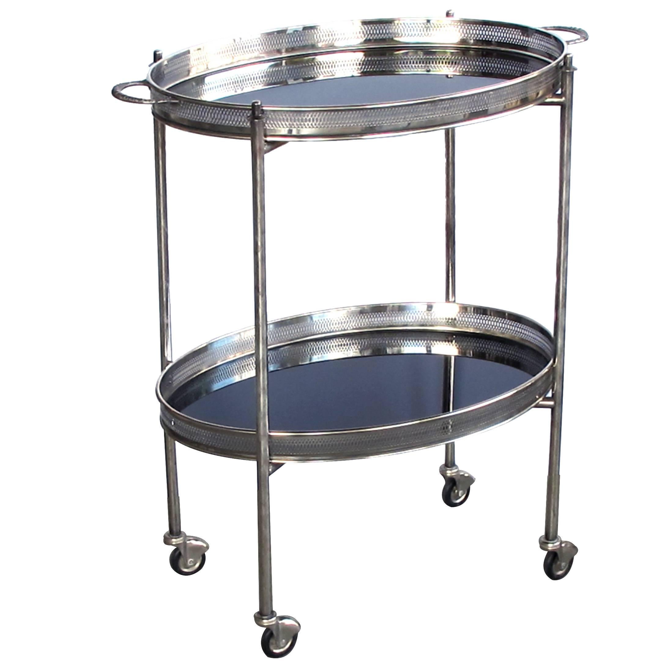 Elegant French Nickel-Plated Oval-Form Drinks/Bar Cart with Black Glass Trays