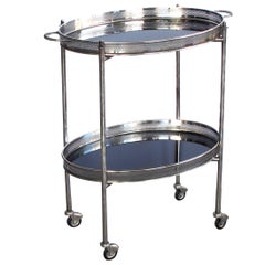 Elegant French Nickel-Plated Oval-Form Drinks/Bar Cart with Black Glass Trays