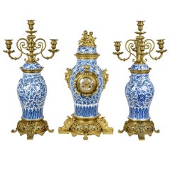 Antique 19th Century Chinese Blue and White Clock Garniture
