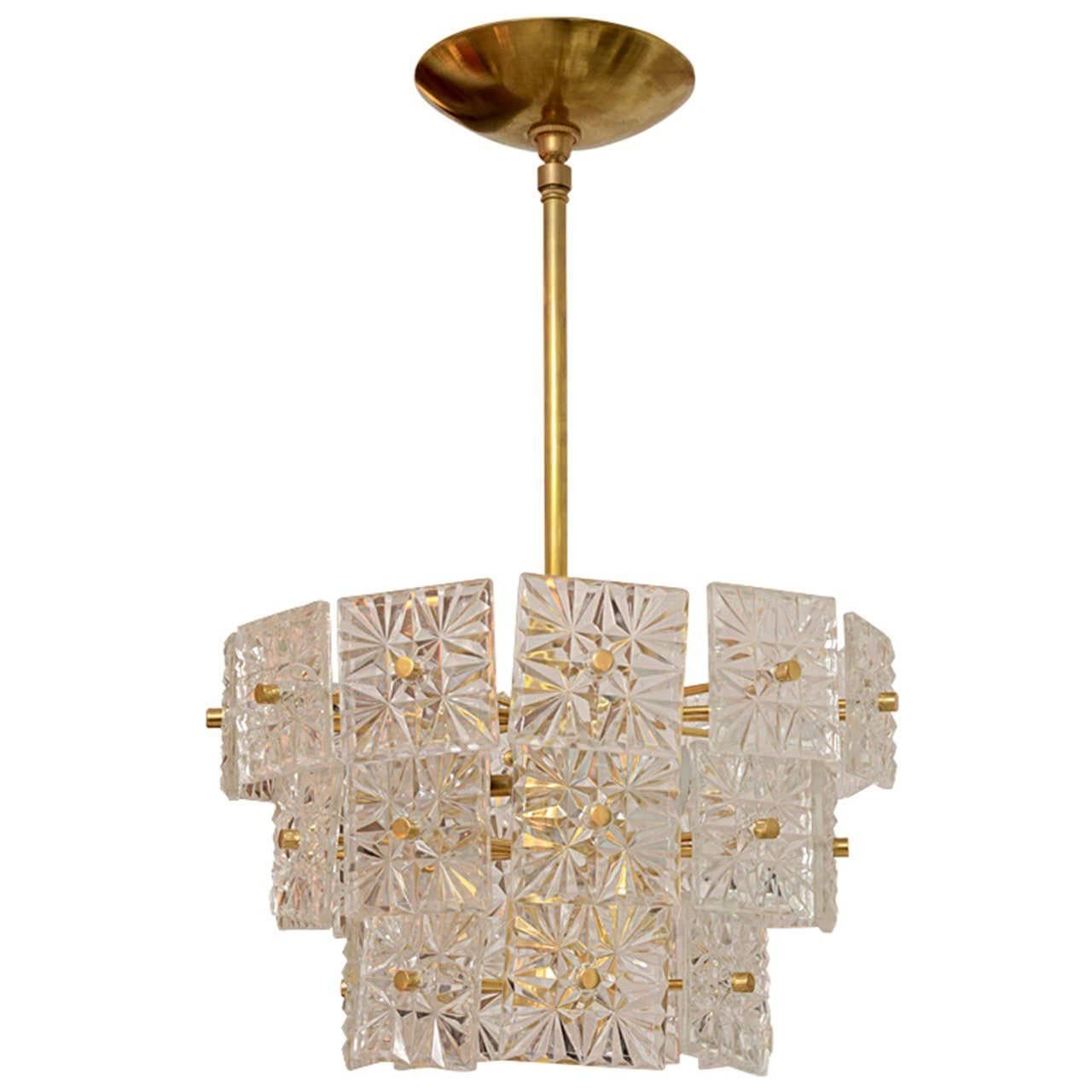 Brass Three Tier Chandelier Featuring Etched Square Glass Tiles by Kalmar
