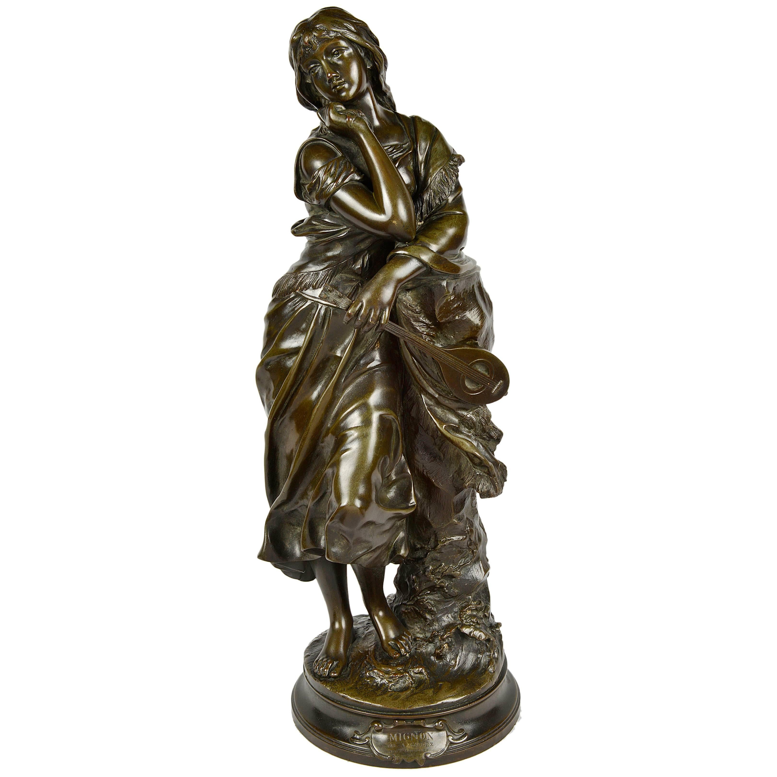 Classical Bronze Statue of Young Girl with Mandolin 'Mignon' Signed A. Gaudez