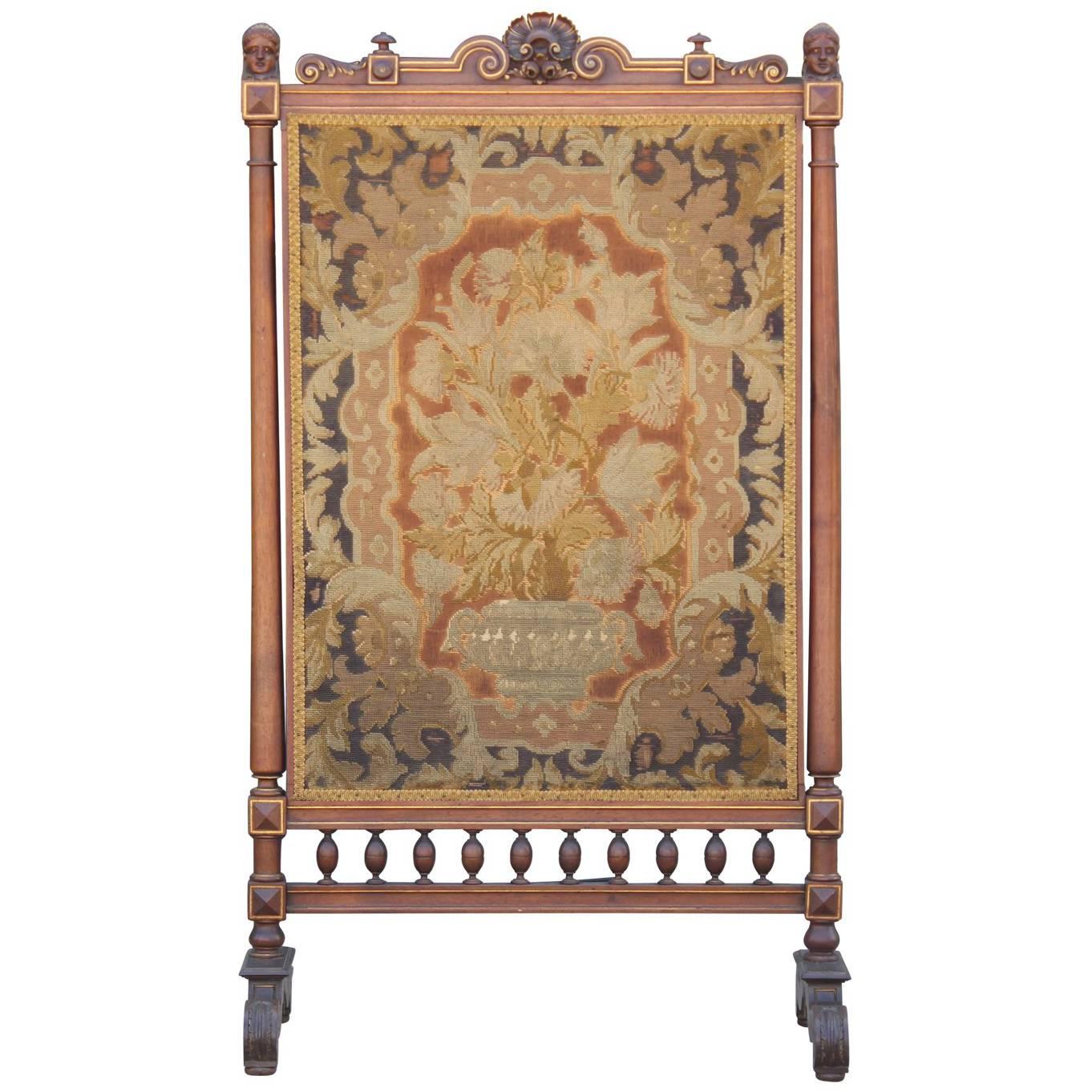 Neoclassical Style French Tapestry Fireplace Screen with Carved Detailing