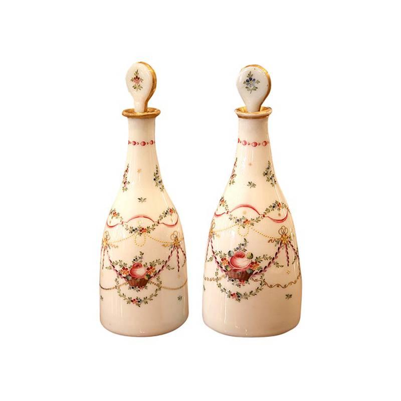 Pair of Hand-Painted Louis XVI Period Opaline Decanters For Sale