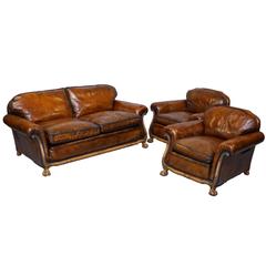 20th Century Satinwood Framed Hand Dyed Whisky Brown Leather Three-Piece Suite