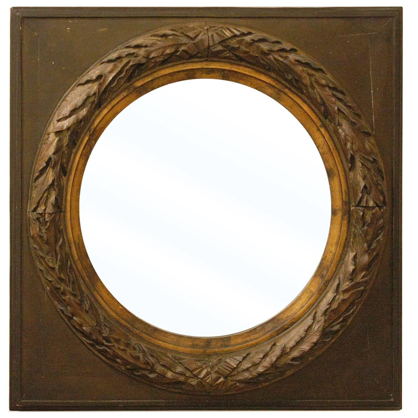 19th Century French Round Mirror with Square Frame