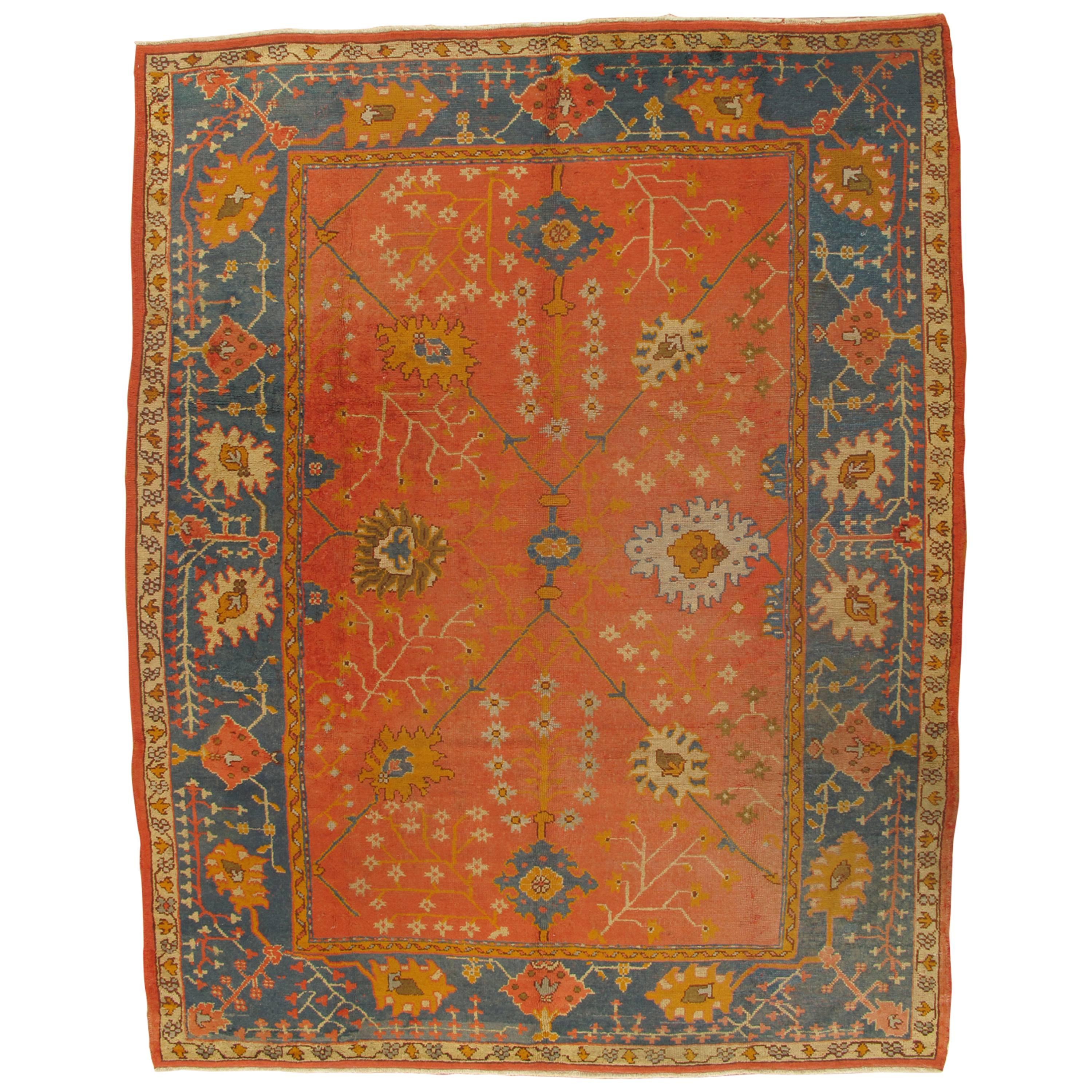 Antique Oushak Carpet, Oriental Rug, Handmade Orangey Coral, Ivory and Saffron