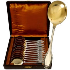 Puiforcat French Sterling Silver 18-Karat Gold Ice Cream Spoons Set Box Palmette