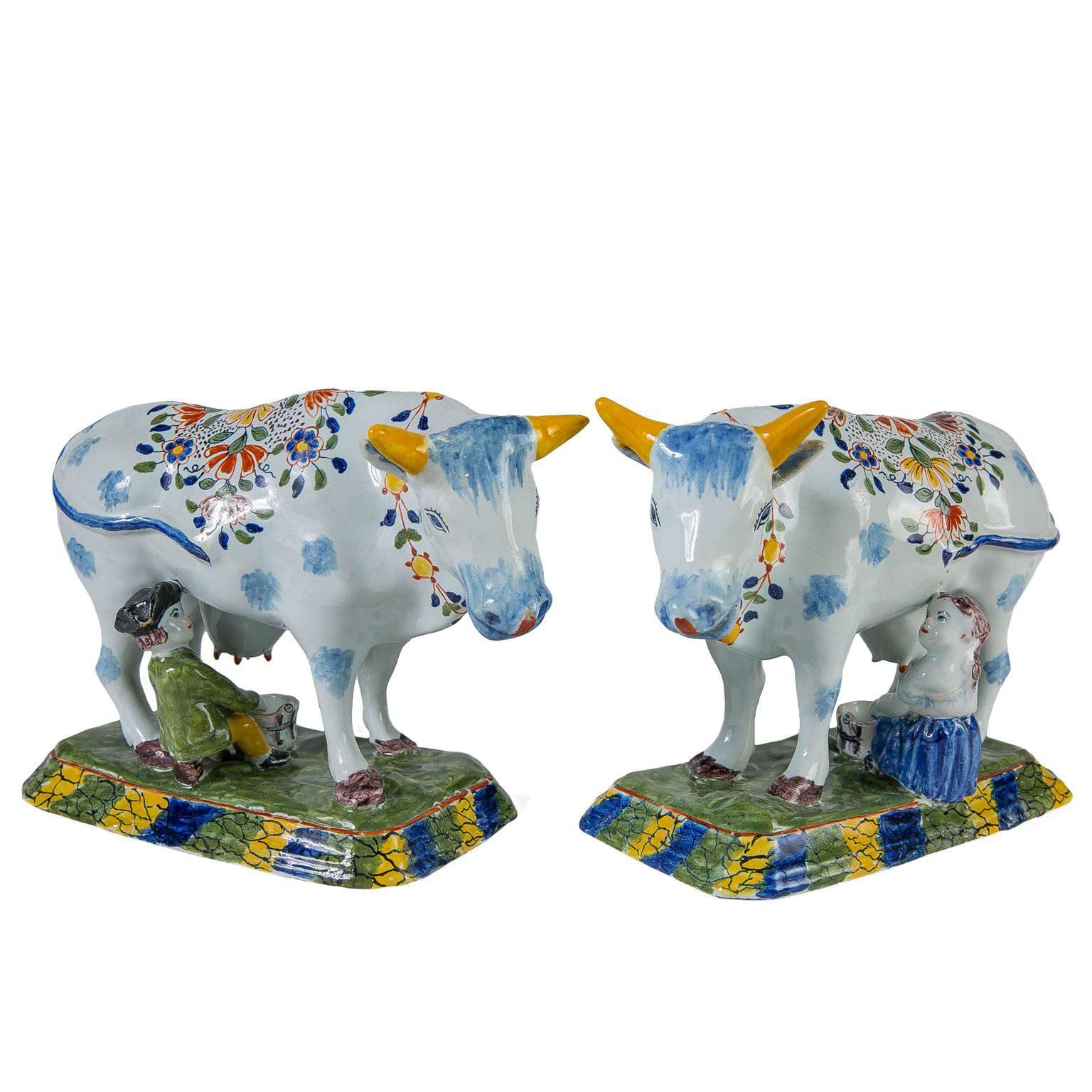 Pair of Dutch Delft Cows Painted in Bright Polychrome Colors