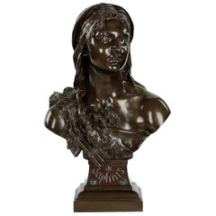 French Antique Bronze Sculpture Bust of "Daphnis" by Etienne Henri Dumaige