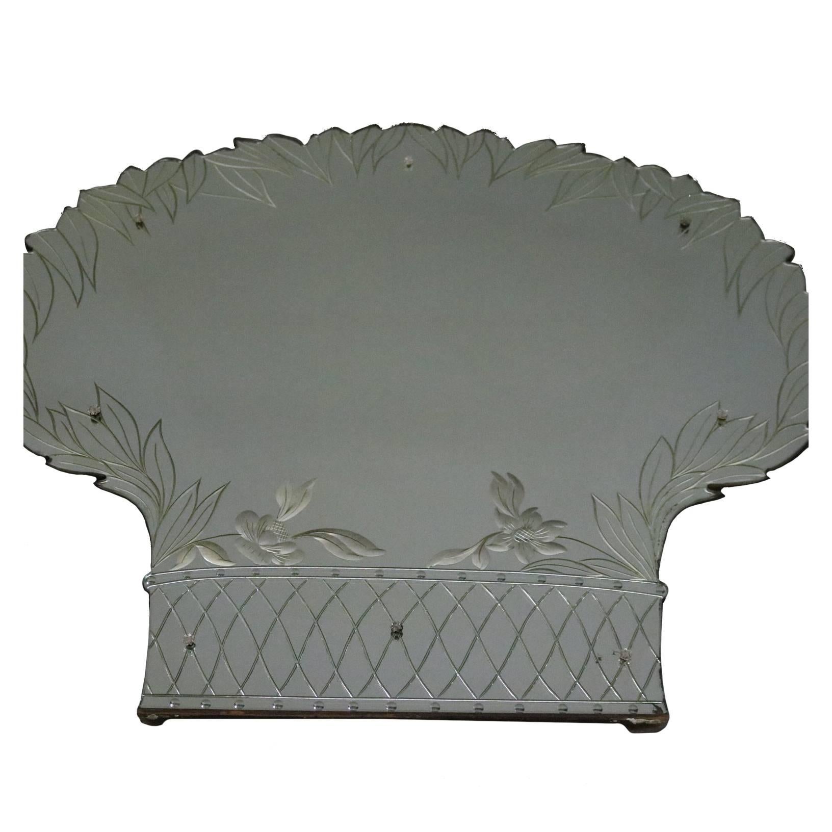 Antique Art Deco Reverse Carved Wall Mirror, Basket-of-flowers, circa 1930