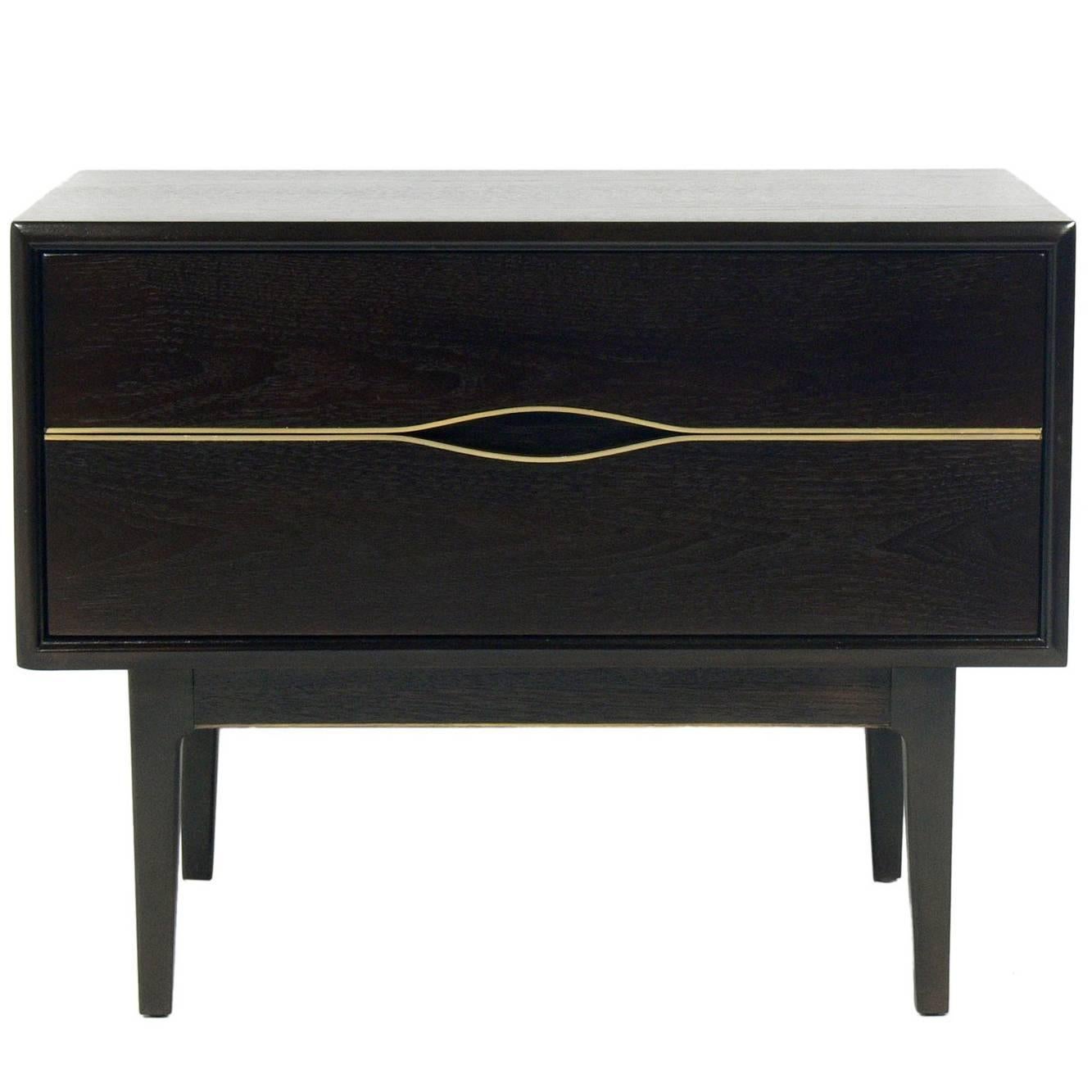A Pair of Ultra Dark Brown Mid-Century Nightstand or End Table with Brass Trim