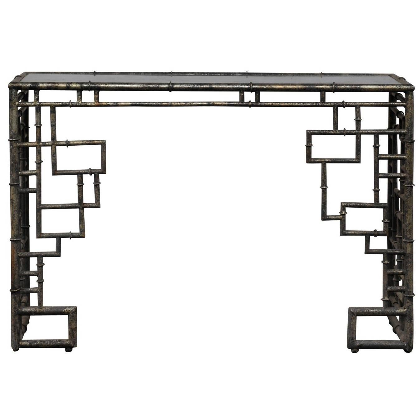 Mid-Century Faux Bamboo Silver Gilt Metal Console