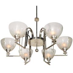 Large Nickeled Bronze and Glass Six-Arm Chandelier, German, 1930s 7
